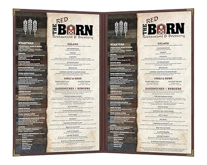 Goodsmart Pajco Style Restaurant Menu Covers – Pack of 10, Side-Loading Menu Holders, Single Stitched Edge, Clear Vinyl Menu Sleeves, Leatherette Trim, Gold Corners, Burgundy, 2 View (8.5" x 14")