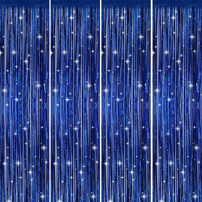 Picoway 4 Pack Foil Fringe Tinsel Backdrop Curtains, Birthday Engagement Bachelorette Party Decorations, Photo Booth Props Door Streamers Curtain (Blue)
