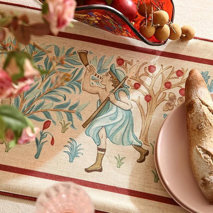 patdrea Designer Idyll Linen Extra Long Table Runner,Vintage Beige Farmhouse with Ancient Spring Figure and Animal Pattern Table Mat, Decoration for Kitchen Dining Banquet Christmas ,12"*102"