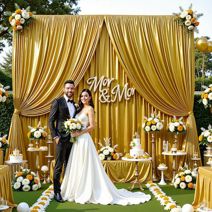 Golden Brown Satin Backdrop Curtains 2 Panels - Glitter Photo Drapes for Baby Shower, 10x10FT Shimmer Back Drop Cloth, Wrinkle Free for Golden 50th Birthday Party Decorations