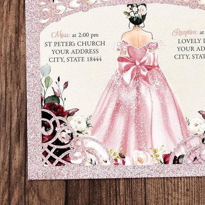 50Pcs Pink Crown Quinceanera Invitation Burgundy for 15 year, Sweet 16, Miss XV, Birthday Laser Cut Quince Invitation Cards Personalized Glitter Pink