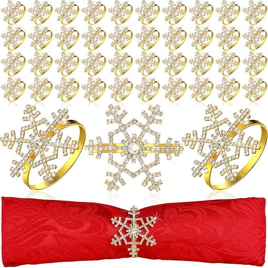 Patelai 48 Pieces Snowflake Napkin Rings Thanksgiving Christmas Napkin Holders Exquisite Household Rhinestone Napkin Rings Set for Christmas Wedding Dinner Party Table Decoration (Gold)