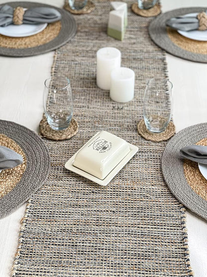 Chardin home Natural Jute Table Runner 13x72 Inch – Vintage Boho Rustic Table Decor – Handwoven Table Runner in Natural Jute and Grey – Farmhouse Dining or Console Table Accent