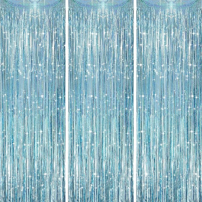 3 Pack 3.3 x 8.2 ft Laser Blue Foil Fringe Backdrop Curtains, Tinsel Streamers Party Decorations, Fringe Backdrop