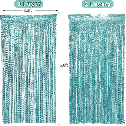 4 Pack 3.3 ft x 6.6 ft Wavy Sparkle Aqua Teal Blue Foil Curtain - Water Blue Foil Streamers for Holiday Bachelorette Ocean Themed Decor Winter Party Decorations Supplies