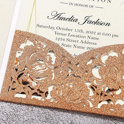 DORIS HOME 50pcs Laser Cut Quinceanera Invitations Terracotta Glitter, 4.7x7.1 Personalized Quince Invitations for 15th Birthday, Invitation cards for Sweet 16 with Envelopes