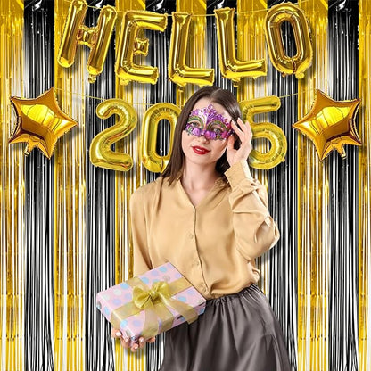BRAVESHINE 3.2 x 8.2 ft Black Gold Foil Fringe Curtains - 2 Pack Metallic Photo Booth Streamers Backdrop for Boy Men Birthdays/New Years/Graduates/Homecoming/Farewell/Prom/Ramarak Party Decorations