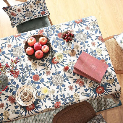 patdrea Designer Blue Tablecloth for Rectangle Table,Vintage Linen with Leaves and Floral Pattern Long Table Cloth,Farmhouse Decor Cover for Kitchen Dining Christmas,Thanksgiving,63"x94"-Ivar a