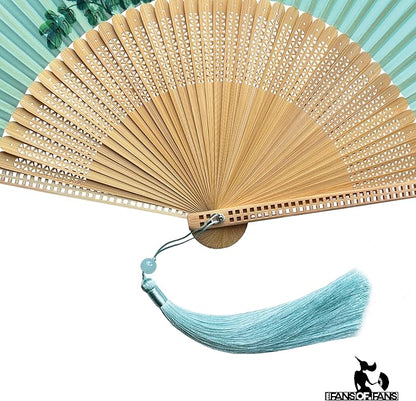 FANSOF.FANS Premium Floral Silk Fabric Border Handheld Folding Fan with Grade A Bamboo Ribs for Women Girls Event Birthday Wedding Favour with Tassel (Single Flower Border - Turqoise)