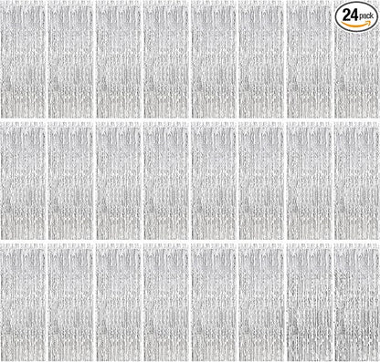 24 Pack Silver Metallic Foil Fringe Curtains, 3.2ft x 8.2ft Foil Fringe Curtain Backdrop Foil Streamers Party Supplies Tinsel Curtain Backdrop for Parties/Birthday/Halloween/Photo Booth