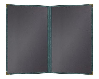 Goodsmart Pajco Style Restaurant Menu Covers – Pack of 10, Side-Loading Menu Holders, Single Stitched Edge, Clear Vinyl Menu Sleeves, Leatherette Trim, Gold Corners, Green, 2 View (8.5" x 14")