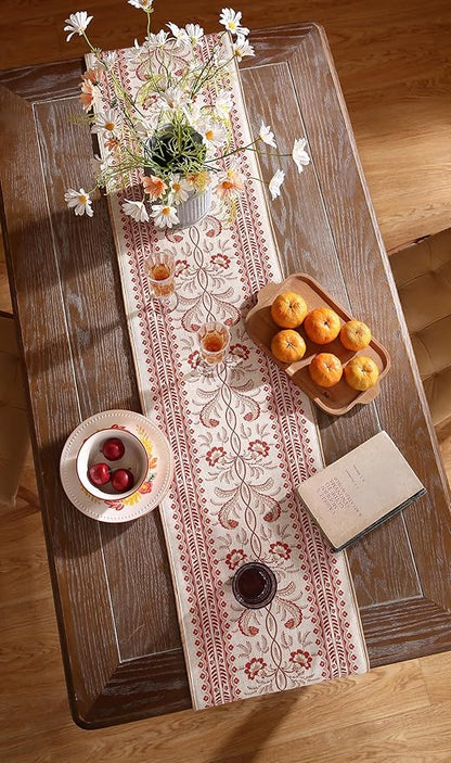 ISAENNE Designer Vintage Linen Table Runner 87 Inches Long,Red Floral Pattern Modern Decor Table Runners for Dining Tables,Thanksgiving,Kitchen Tables,Christmas,Banquet,12"*87"-Chamonix A
