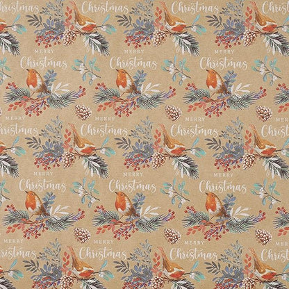 RUSPEPA Kraft Christmas Wrapping Paper Roll, Mini Roll, Vintage Bird on Pine Branch Design with Merry Christmas, Natural Scene Gift Wrap for Women, Friends, Family, Xmas Gifts, 17 Inches x 16.4 Feet