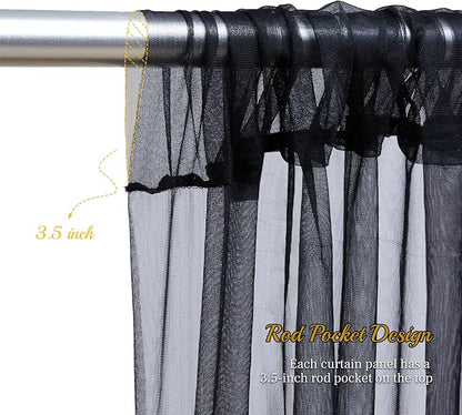 10ft X 10ft Black Sheer Backdrop Curtain for Parties, Tulle Sheer Fabric Backdrop Curtain Drapes for Baby Shower Birthday Party Photo Shoot Halloween Decorations