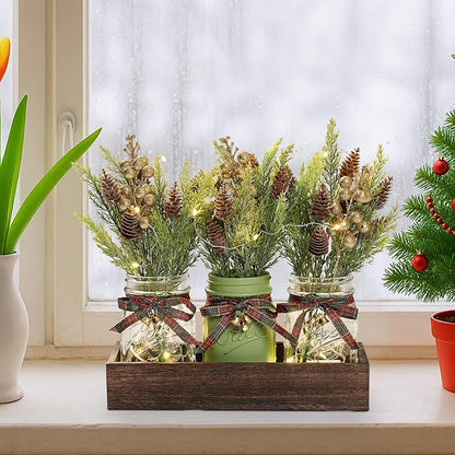 3 Pcs Mason Jar Centerpiece Decorations for Christmas Table Decor Farmhouse Coffee Table Decor Christmas Kitchen and Room Decor,Green