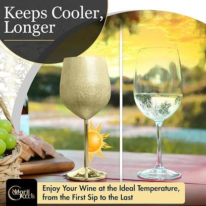 Stainless Steel Wine Glasses - Set of 2 Etched 16 oz Metal Goblets, Unbreakable Gold Cups for Camping, Travel, Outdoor Events, Picnics, Luxury Wine Gifts for Women and Men