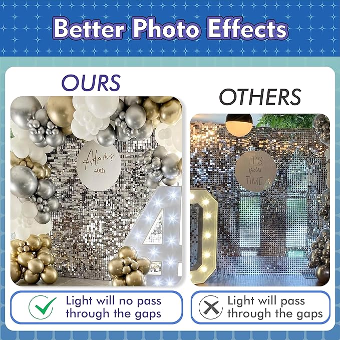 Qcity Silver Shimmer Wall Backdrop 48PCS, Black Back Not See-Through Design, Square Sequin Glitter Backdrop Panel, Perfect for Outdoor Events, Birthdays, Wedding and Party Decoration