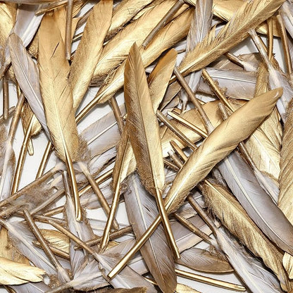 FeelfunFeather 120pcs Gold Goose Cochettes Feather Natural Bulk 4-6 inch 10-15cm for Wedding Party Christmas Decorations DIY Crafts Goose Cochettes Feather