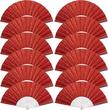 12 Pack Handheld Fan,Folding Hand Glitter Fan with Shining Transparent Fan Rib – Ideal for Wedding, Church, Festival, Dance, Tea Party, Club, and EDM Accessories, Red