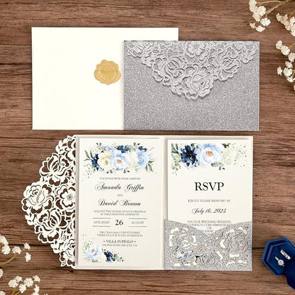 DORIS HOME 50pcs Laser Cut Wedding Invitations with Envelopes and RSVP Cards Silver Glitter, 4.7x7.1 Personalized Invitation Cards for Wedding, Anniversary Invitations with Envelopes