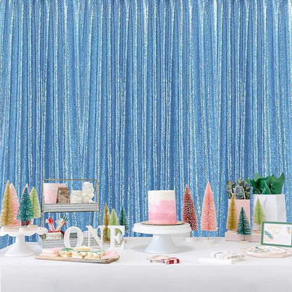Sequin Backdrop Drapes 3 Panels Fabric Curtain 2FT x 8FT Baby Blue Wedding Photo Backdrop for Birthday Party Photography Background Home Decorations