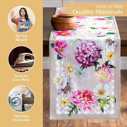 Maison d' Hermine Table Runner 100% Cotton Double Layer Table Runners 72 inches Long Decorative for Home Kitchen Dining Party Baby Shower Wedding Bridal Shower Spring Summer (Pivoine, 14.50" x 72")