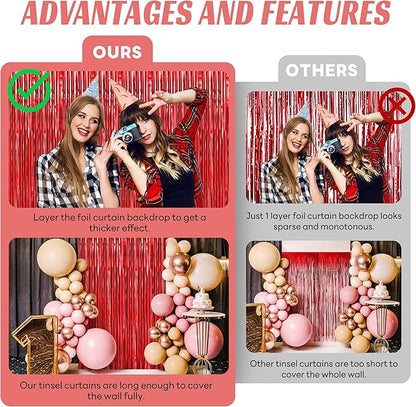BTSD-home 10 Pack Red Foil Fringe Curtain, Metallic Photo Booth Backdrop Tinsel Door Curtains for Wedding Birthday Bridal Shower Valentine Bachelorette Christmas Party Decorations(8ft x 3ft)