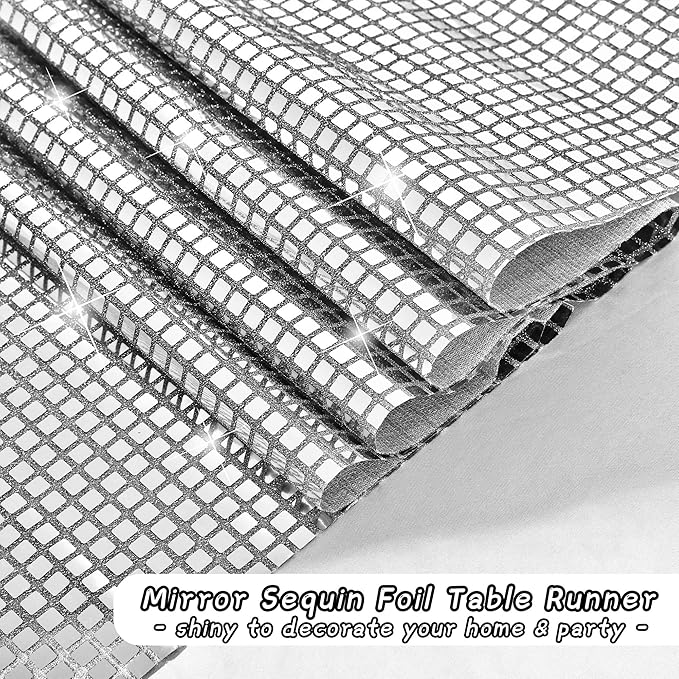 Durony 6 Pack Disco Party Table Runners, 11 x 108 Inch Silver Glitter Foil with Sparkle Sequin, Ideal for Bachelorette, 70s, Disco, Cowgirl Parties