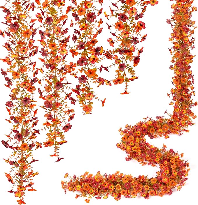 Fall Mums Flowers Artificial Garland for Decoration, 4 Pack 5.9 FT Faux Mums with Eucalyptus Leaves Ivy, UV Resistant Fake Fall Daisy Floral Vine Flowers for Home Garden Wedding Backdrop Decor