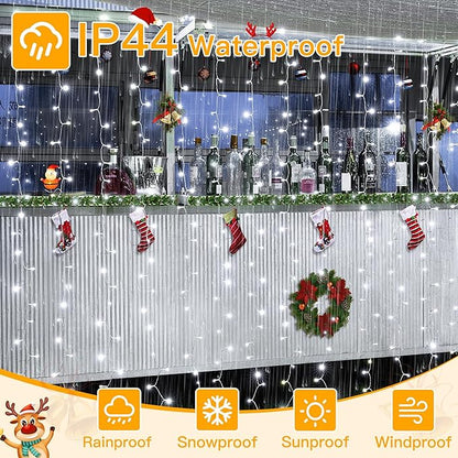 Ollny Curtain Lights 6.6x6.6ft, 200 LED White String Lights with Remote 8 Modes Dimmable Timer, USB Power Fairy Light for Bedroom Backdrop Indoor Wall Window Wedding Decor