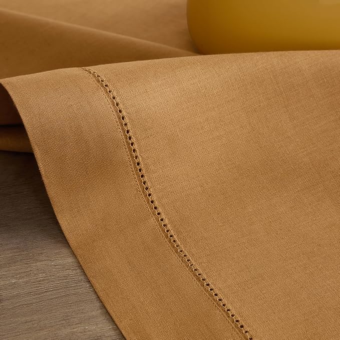 Solino Home Linen Brown Sugar Table Runner 144 Inches Long - 100% Pure Linen Extra Long Table Runner 14 x 144 Inch for Fall, Autumn, Thanksgiving - Classic Hemstitch