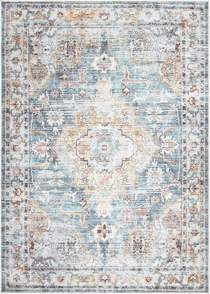 Bloom Rugs Washable Non-Slip 8' x 10' Rug - Teal/Peach Traditional Area Rug for Living Room, Bedroom, Dining Room, and Kitchen - Exact Size: 8' x 10'