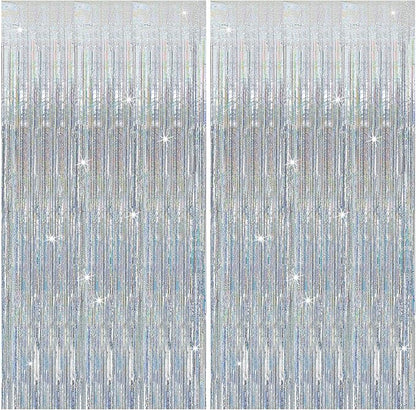 2 Pack Silver Glitter Backdrop Party Decorations Tinsel Streamers Foil Fringe Curtains Shimmer Wall Backdrop Christmas Birthday Bachelorette Party Wedding Decor Supplies