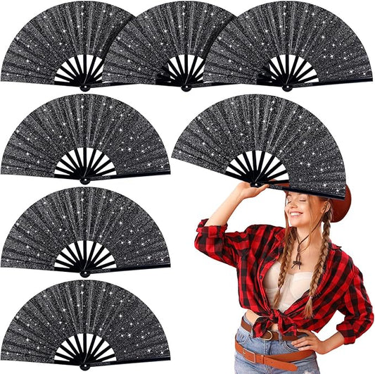 Thyle 6 Pcs Large Folding Fan for Line Dancing Bulk Boots on The Ground Hand Fan Black Popping Clapping Party Favors Decoration Gift for Edm Festival Club Summer(Classical)