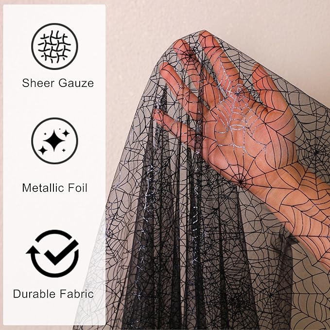 Snowkingdom Halloween Table Runner, 10 FT Black Spider Web Runners Metallic Sequin Sheer Chiffon Gauze Cheesecloth, Black Party Decorations for Halloween Kitchen Dinner Table Birthday Home Indoor