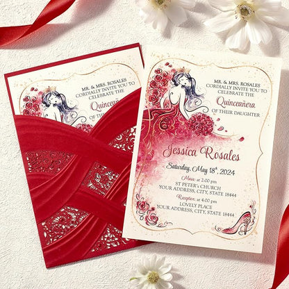 50pcs Laser Cut Quinceanera Invitations with Envelopes Red, 5x7.3 Personalized Invitation Cards for Wedding