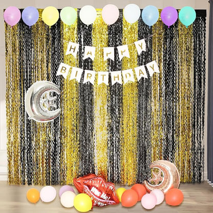 4 Pack Black and Gold Wavy Foil Fringe Curtains Pirthday Decorations,3.3 ft x 6.6 ft Metallic Foil Curtains Streamers for Party Photo Booth Props Background Decoration