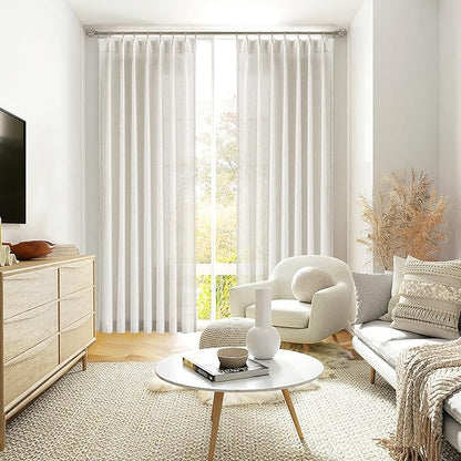 Vision Home Natural Pinch Pleated Semi Sheer Curtains Textured Linen Blended Light Filtering Window Curtains 102 inch for Living Room Bedroom Pinch Pleat Drapes with Hooks 2 Panels 42" Wx102 L