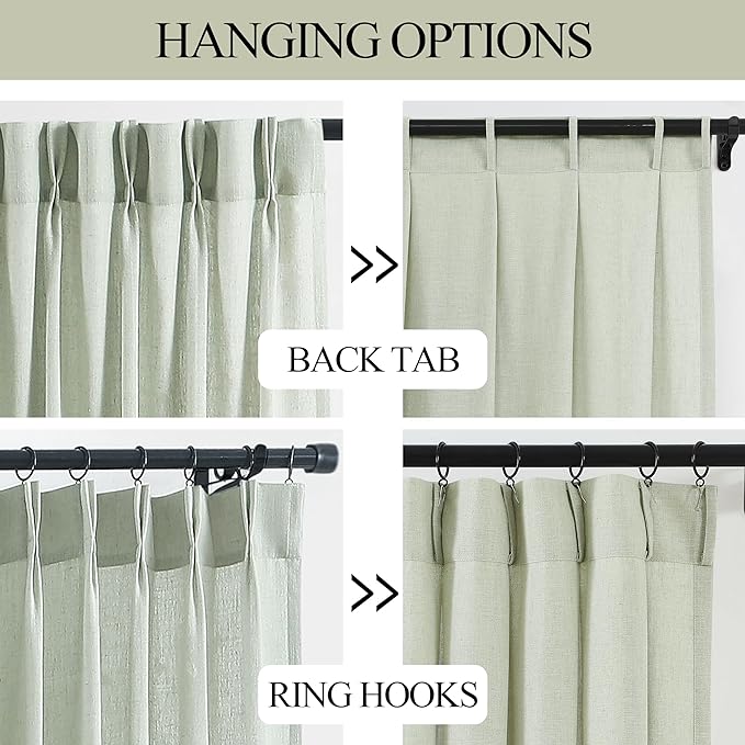Vision Home Light Green Pinch Pleated Semi Sheer Curtains Textured Linen Blended Light Filtering Window Curtains 90 inch for Living Room Bedroom Patio Pinch Pleat Drapes with Hooks 1 Panel 60" Wx90 L