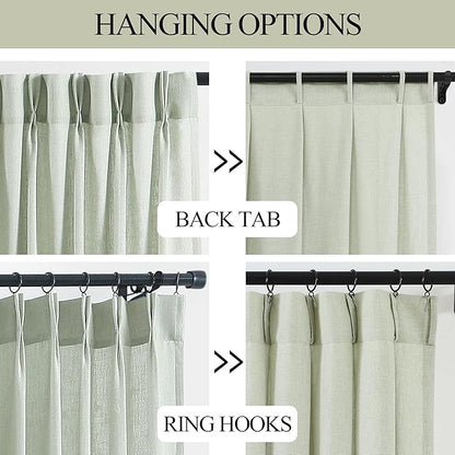 Vision Home Soft Green Pinch Pleated Semi Sheer Curtains Textured Linen Blended Light Filtering Window Curtains 108 inch for Living Room Bedroom Pinch Pleat Drapes with Hooks 2 Panels 9ft 40" Wx108 L