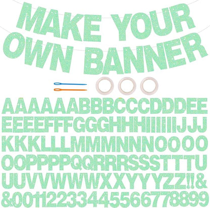 BEISHIDA 116 PCS Glitter Light Green DIY Letter Banner Kit Make Your Own Banner，Including 111 Letters and Numbers 3 Rope and 7 Threading Device,Customized for Birthday Graduation Wedding Party Decor