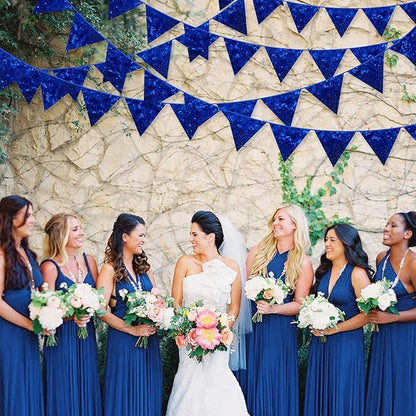 pinkblume Royal Blue Decorations Double Sided Sequin Navy Blue Fabric Triangle Pennant Banner Flag Bunting Garland for Blue Nautical Ahoy Achor Theme Nursery Classroom Home Bedroom Wall Decor