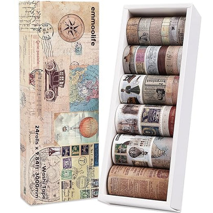 24 Rolls Vintage Washi Tape Set, Antique Car Buildings Map Stamp Stripe Writable Aesthetic Washy Decorative Tapes for Scrapbooking, Junk Journal Supplies, Bullet Journaling 5-75mm Wide (3m Long)/Roll