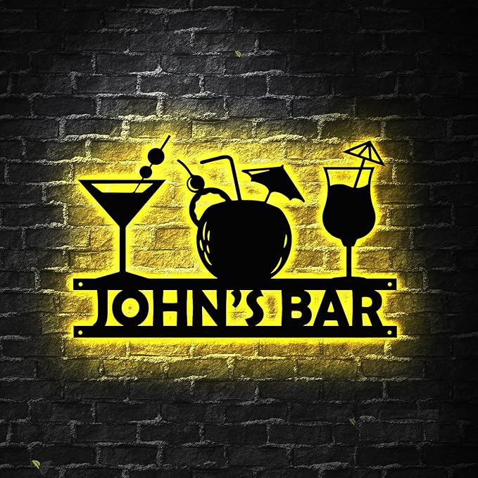 Custom Metal Bar Sign with LED Light Personalized Bar Theme Cocktail Metal Sign, Bar Theme Sign Wall Art Beack Bar Pub Decor Tiki Bar Decor