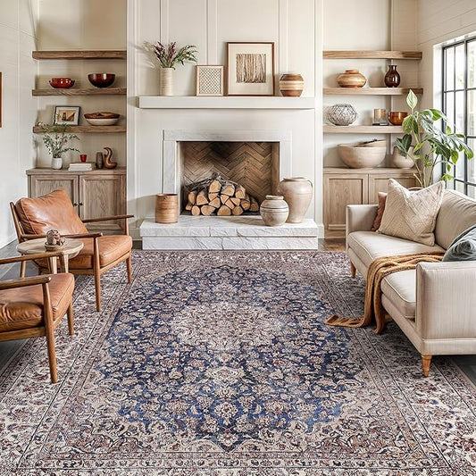 Bloom Rugs Washable Non-Slip 9' x 12' Rug - Dark Blue/Beige Traditional Medallion Area Rug for Living Room, Bedroom, Dining Room, and Kitchen - Exact Size: 9' x 12'