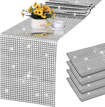 Durony 4 Pack Disco Party Table Runners, 11 x 108 Inch Silver Glitter Foil with Sparkle Sequin, Ideal for Bachelorette, 70s, Disco, Cowgirl Parties