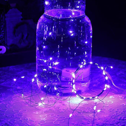WATERGLIDE 12 Pack Halloween Fairy Lights Battery Operated (Included), 7 ft 20 LED Mini Firefly Starry String Lights, Waterproof Black Wire Light for DIY Mason Jar Table Halloween Decor, Purple