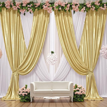 20ft x 10 ft Glitter Gold Backdrop Curtain for Parties, Wrinkle Free Non-See Through Not Fall-Off Sequin Gold Shimmer Photo Backdrop Drapes for Graduation Photography Background Cloth-4 Panels 5x10ft