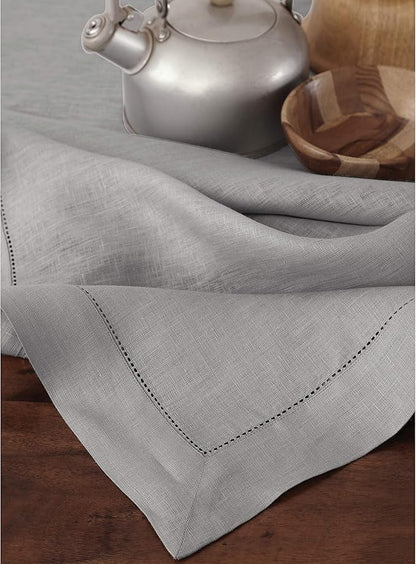Solino Home Linen Soft Grey Tablecloth 60 x 132 Inch - Classic Hemstitch, 100% Pure Linen Rectangular Tablecloth - Machine Washable Table Cloth for Fall, Autumn, Thanksgiving, Christmas