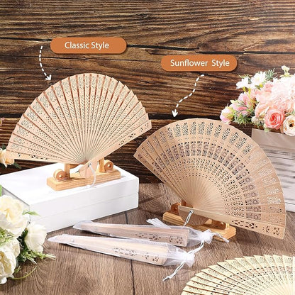 Qunclay 60Pcs Wooden Hand Fans Folding Wedding Fans for Guest Chinese Hollow Pattern with White Tassel and Gift Bag for Wedding Bridal Shower Birthday Party Favors Gift and Home Decor(Mixed Style)